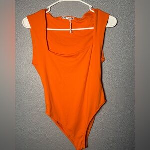 ZARA Orange Bodysuit Women’s Medium Square Neck Sleeveless Stretch Fitted Top